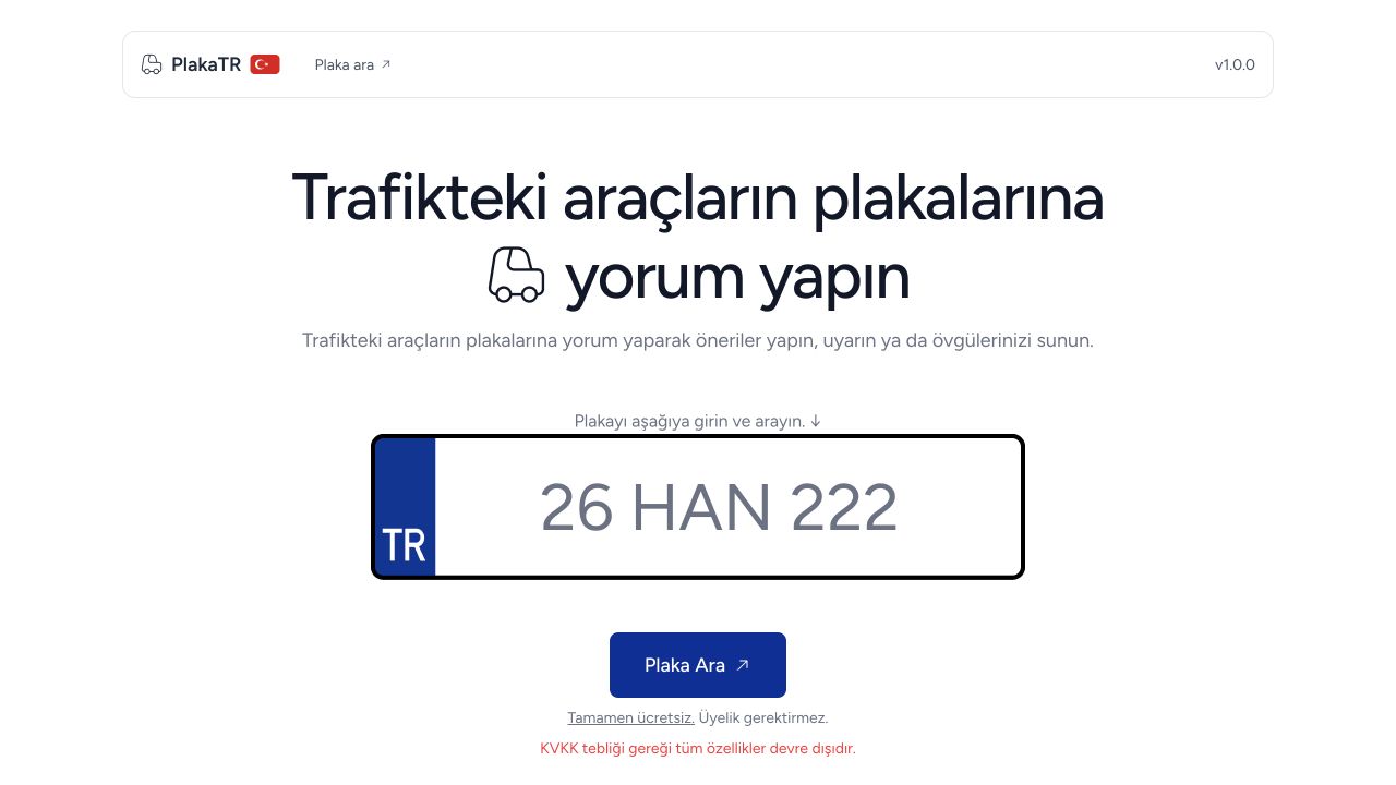 PlakaTR license plate commenting app homepage
